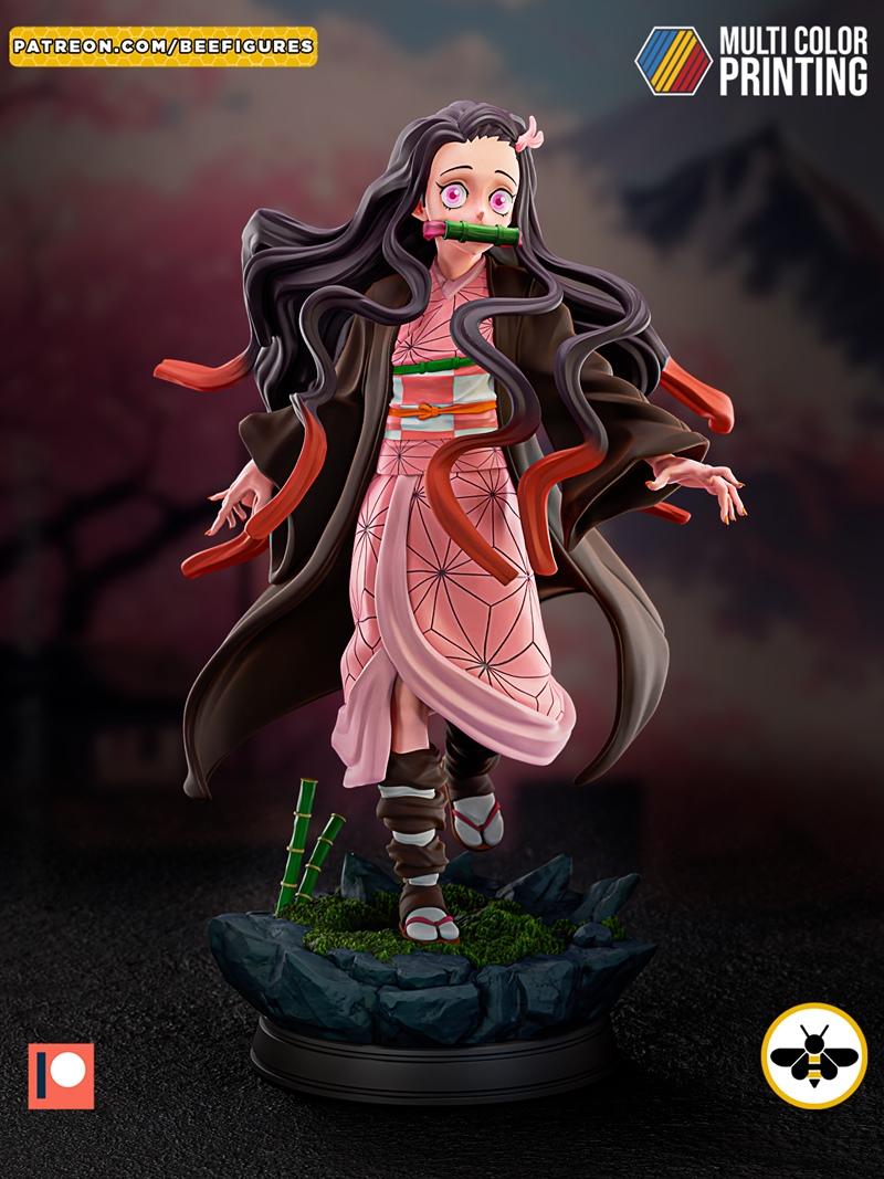 Nezuko Kamado from Demon Slayer anime series, wearing a pink kimono and brown haori, with a bamboo muzzle, standing o...