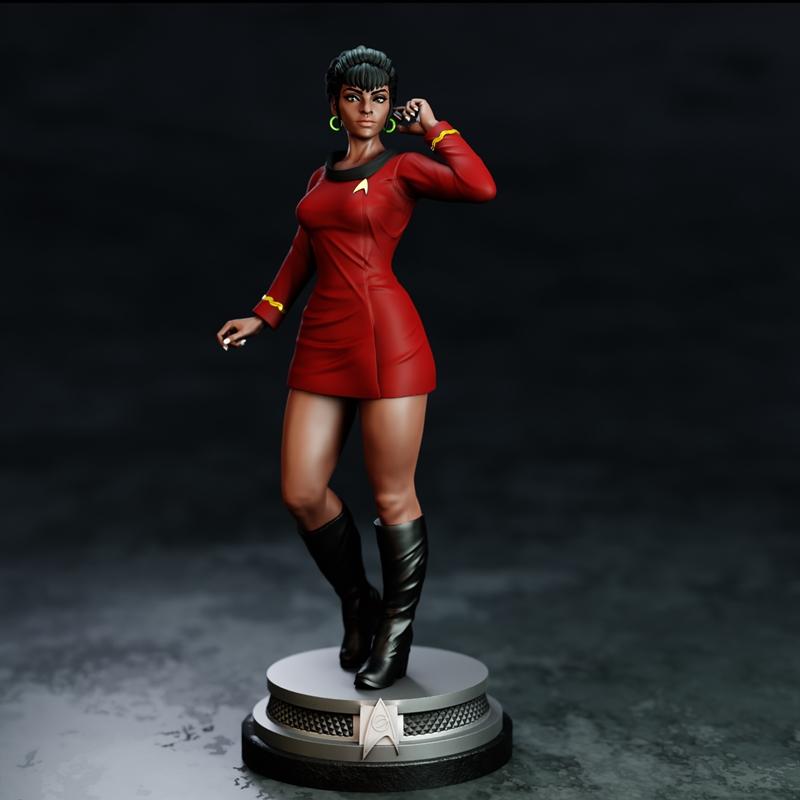 Lieutenant Uhura from Star Trek in a red uniform and black boots, standing on a detailed base with the Starfleet insi...