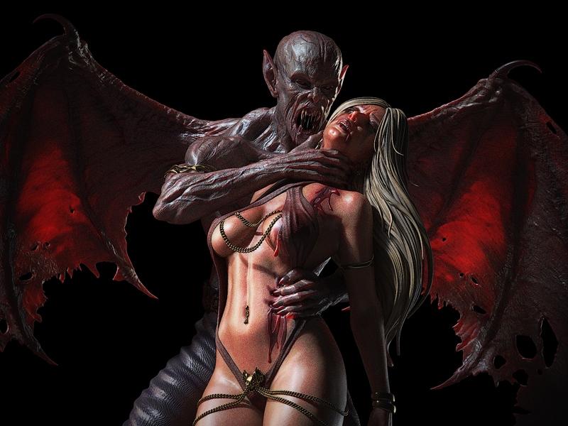 Gothic horror 3D model of Dracula, a monstrous vampire with large, tattered red wings, choking a distressed blonde wo...