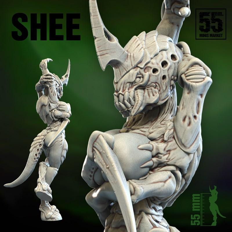 Detailed 3D model of a female alien creature, a Tyranid Biomangler named Shee, with sharp claws, horns, and a segment...