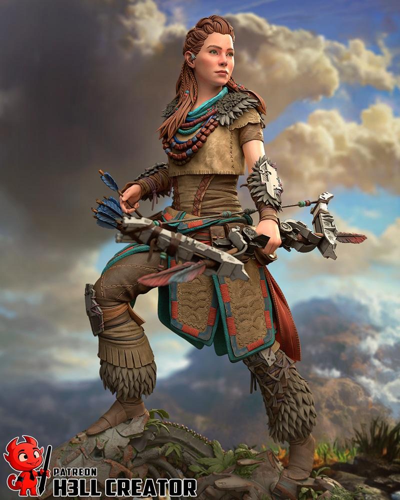Aloy, the protagonist from Horizon Zero Dawn, depicted as a 3D printable figure by H3LL CREATOR. She stands in a hero...