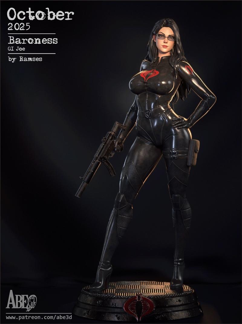Baroness from G.I. Joe in a black tactical suit, holding a rifle, with Cobra insignia on chest and base. 3D model by...
