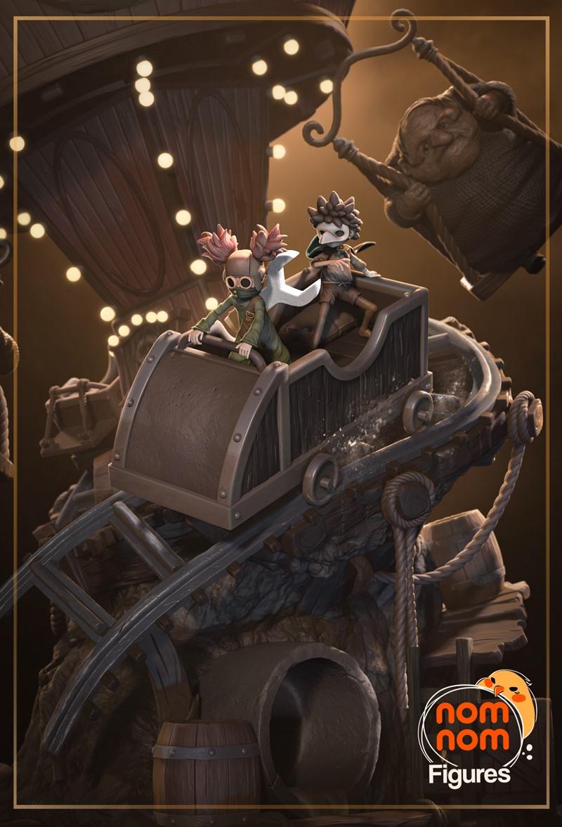 Two children in a dark fantasy style ride a wooden roller coaster, with a grotesque figure in the background. Nomnom...