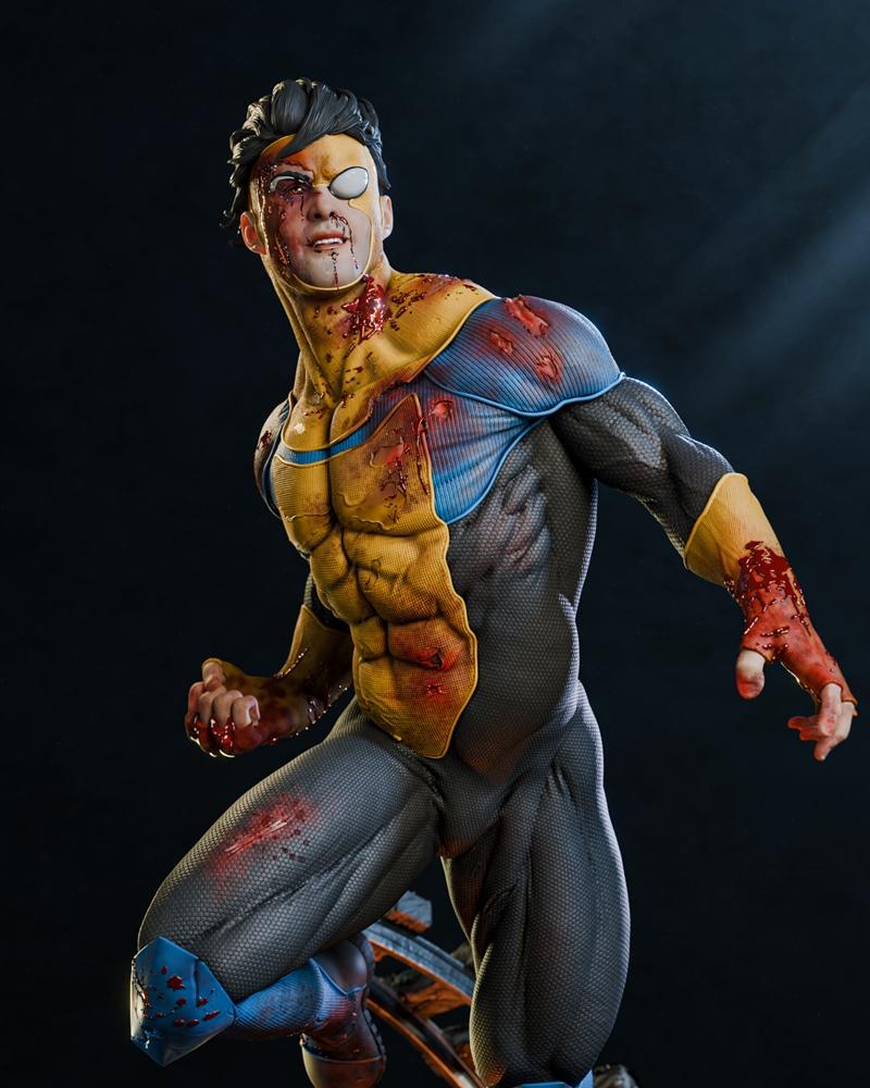 Injured Invincible superhero figure, yellow and blue suit torn and bloody, dark background, Victor Willand studio.