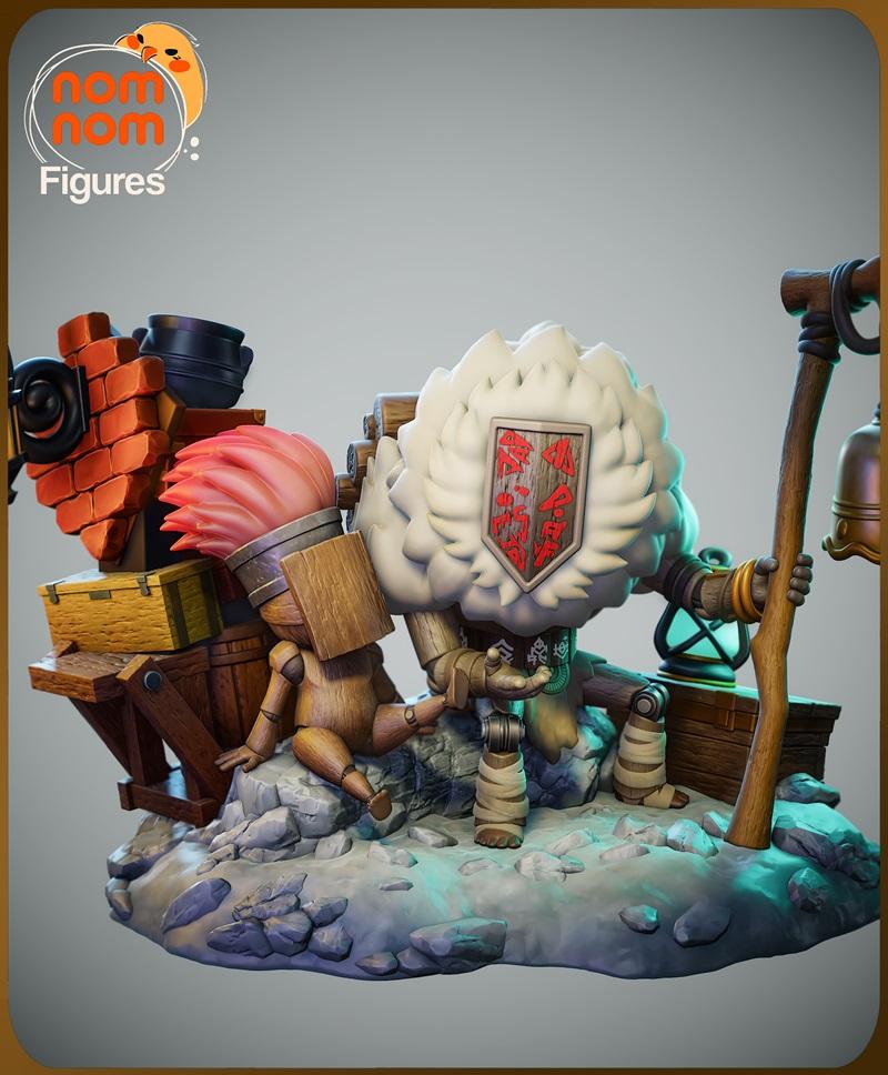 Chibi Noco 3D model with a wooden puppet companion on a rocky base, featuring a fluffy body, shield, lantern, and cra...