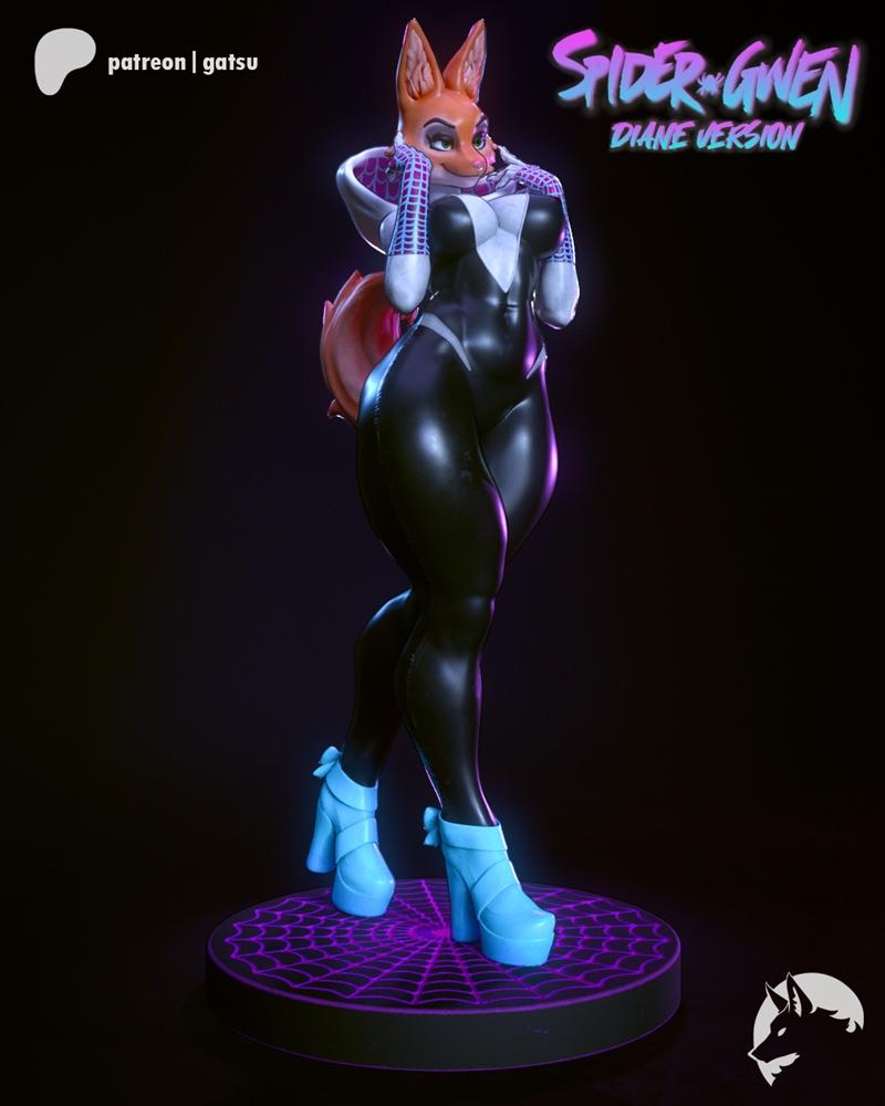 Furry fox character in a Spider-Gwen costume, wearing a black and white suit, light blue platform heels, and a web-pa...