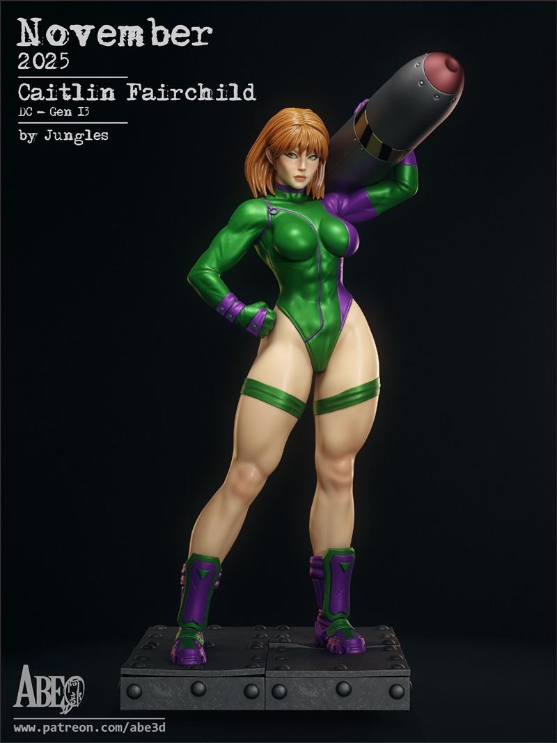 3D model of Caitlin Fairchild from Wildcats, holding a bomb, wearing a green and purple leotard and boots, with muscu...