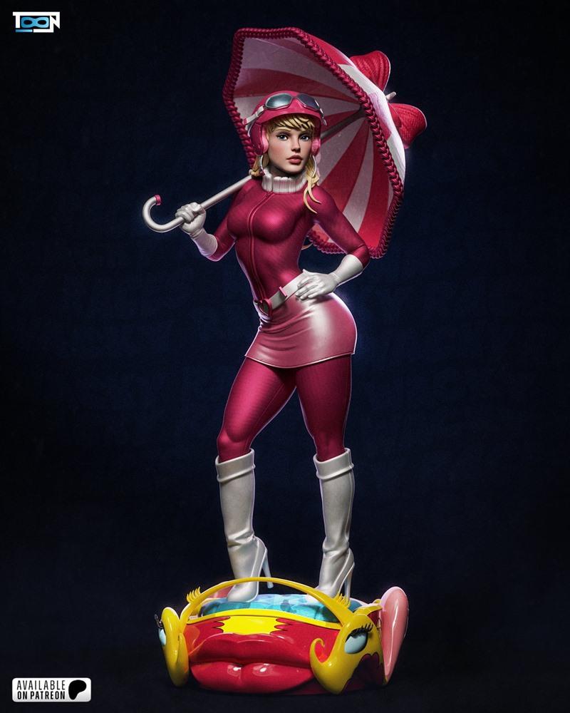 Penelope Pitstop in pink racing suit and skirt, holding a red and white striped umbrella, standing on her car base. T...
