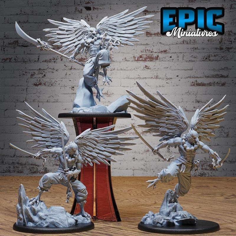 Three 3D printed figures of Tengu Bird Folk Lords by Epic Miniatures. Two figures wield swords in dynamic combat stan...