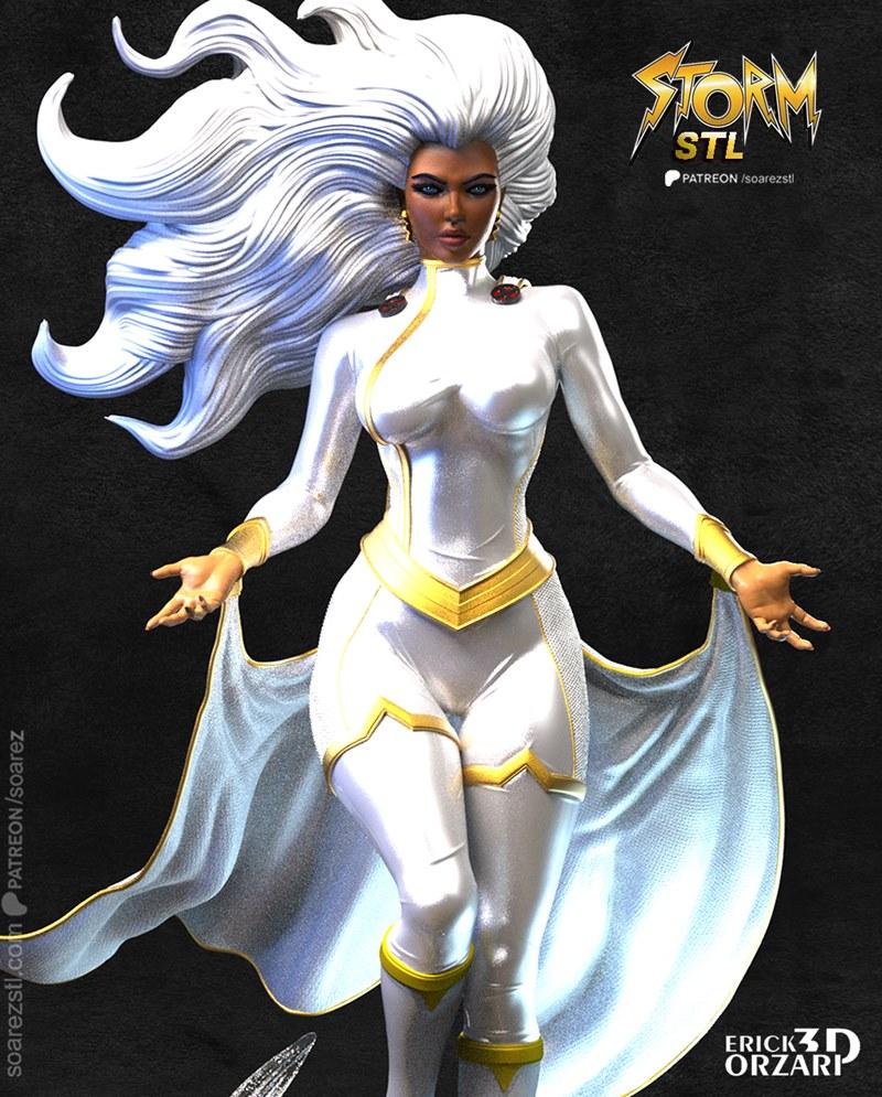 Storm, X-Men character, in a white and gold costume with flowing white hair, arms outstretched, cape billowing. 3D mo...