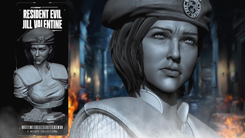 Jill Valentine portrait bust 3D model by Wicked, wearing R.P.D. beret and tactical uniform, detailed sculpt for 3D pr...