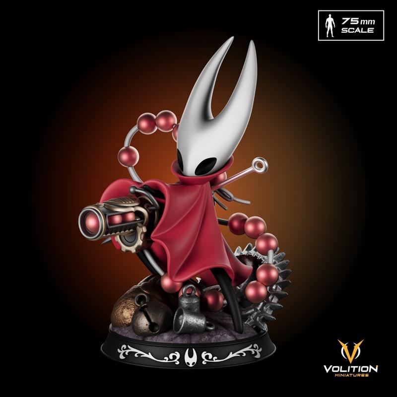 Hornet 3D model from Hollow Knight, wearing a red cape and holding a steampunk-modified needle weapon, on a detailed...