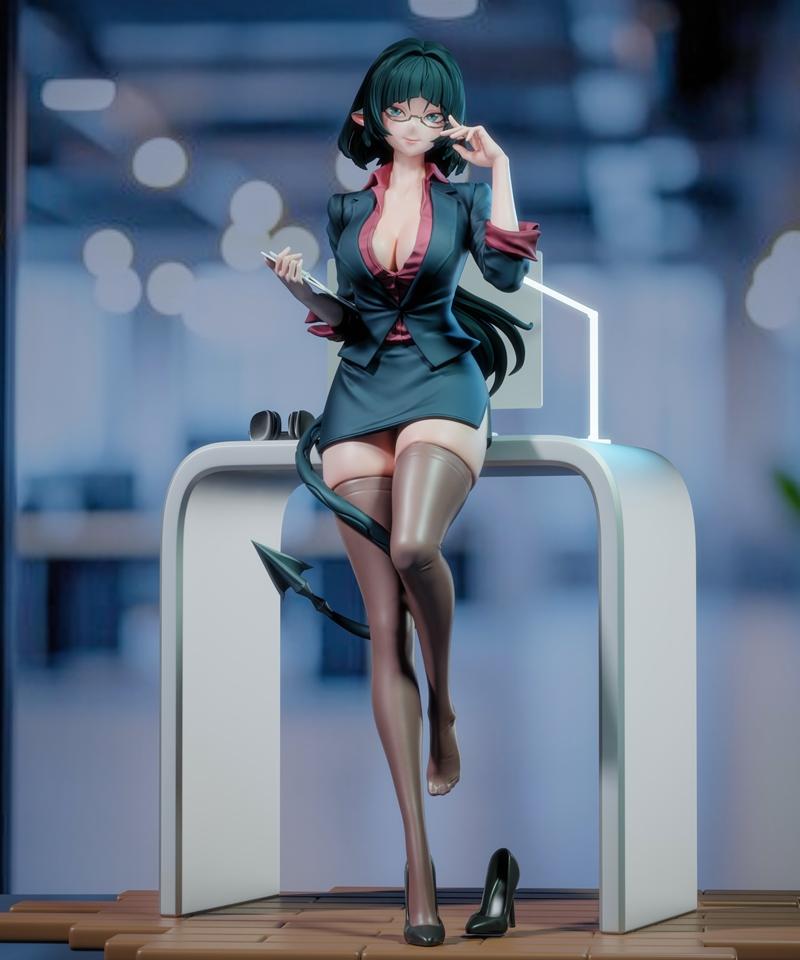 Demoness character Jane Doe in a business suit, glasses, horns, and tail, posed leaning on a desk, holding a tablet....