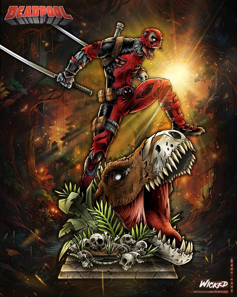 Deadpool zombie in red and black suit with exposed bone, wielding two swords, standing on a T-Rex skull amidst jungle...