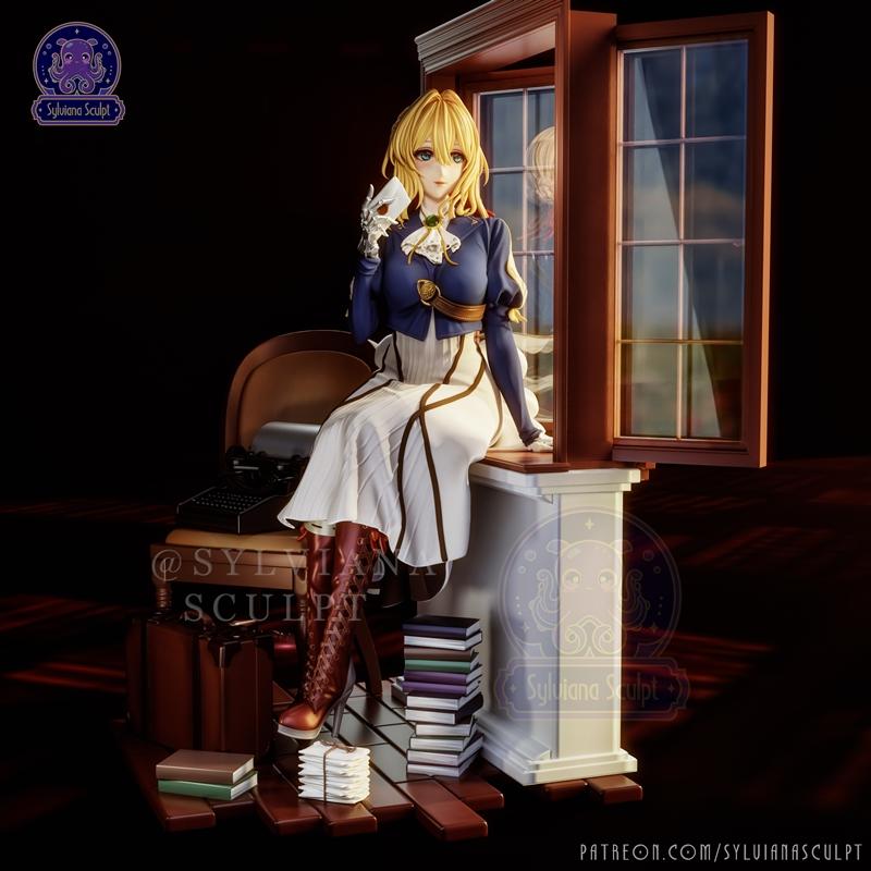 Violet Evergarden figure seated by an open window, holding a letter. She wears a blue jacket and white skirt, with ta...