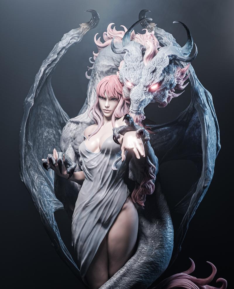 A fantasy figure of a woman with pink hair and a revealing dress, posed with a large dragon with glowing red eyes and...