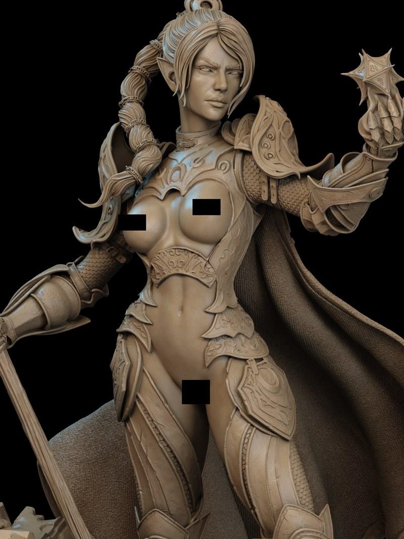 Fantasy female warrior 'Shadow' in ornate armor, holding a sword and star-shaped artifact. Detailed sculpt with expos...