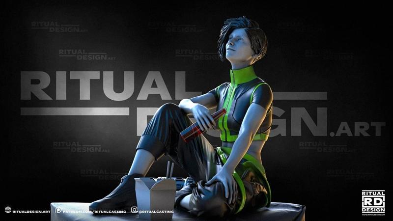 3D model of a woman named Glitch, sitting with legs crossed, holding two bottles and a takeout container. She wears a...