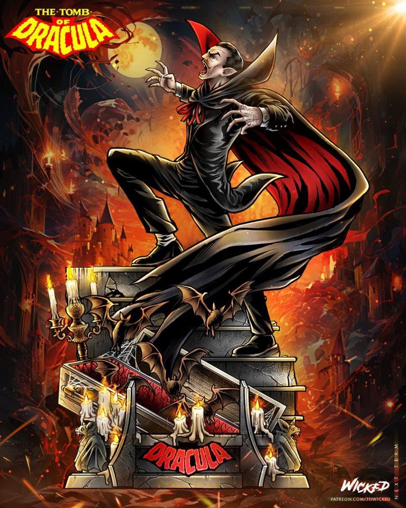 Dracula sculpture in a dynamic pose, wearing a black suit and red-lined cape, standing on a pedestal with a coffin, b...
