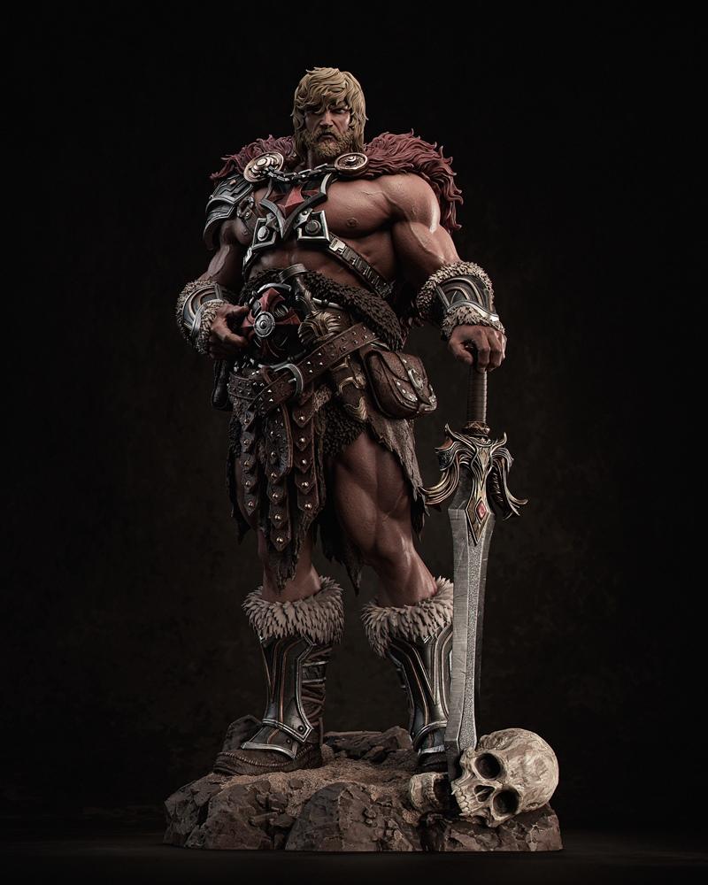 He-Man figure by CA 3D Studios, standing on a rocky base with a skull, holding a large sword. He wears fur-lined armo...