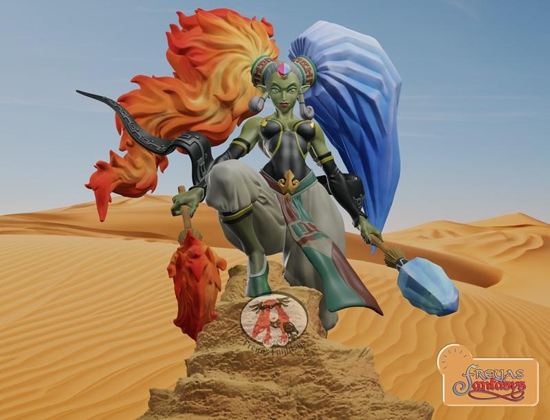 3D model figure of Twinrova from The Legend of Zelda, with fiery orange and blue hair, crouching with magical staffs...