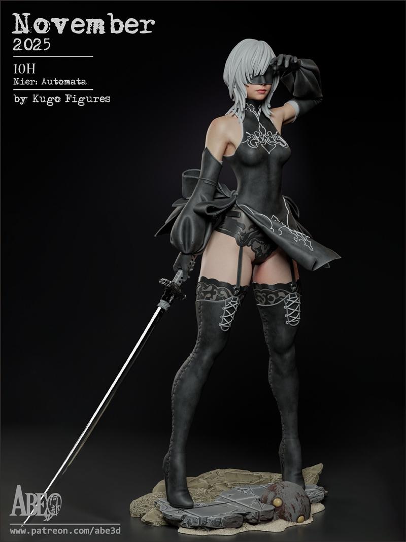 3D model figure of 2B from Nier: Automata by Abe3D, wearing a black gothic-inspired outfit with a blindfold and holdi...