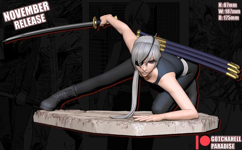 Quanxi from Chainsaw Man in a low action pose, holding a katana, with three swords on her back. Designed by Ukupalua.