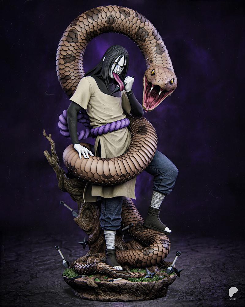 Orochimaru figure coiled by a large snake, holding a kunai, with a detailed rocky base featuring shuriken and kunai....