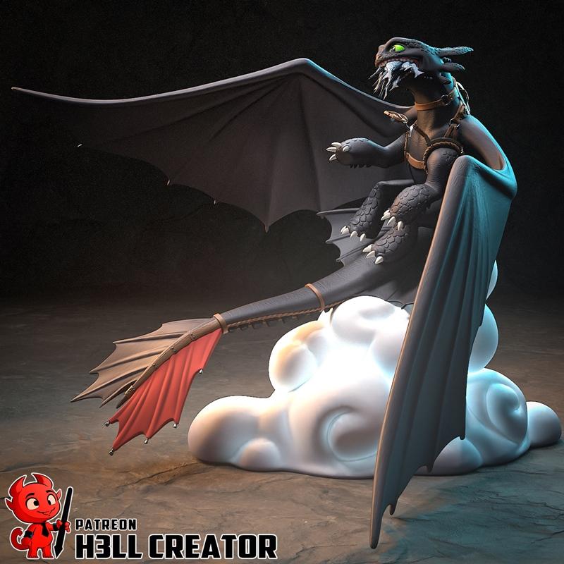 Toothless dragon perched on a cloud, wings spread, wearing a harness. 3D model by H3LL CREATOR.