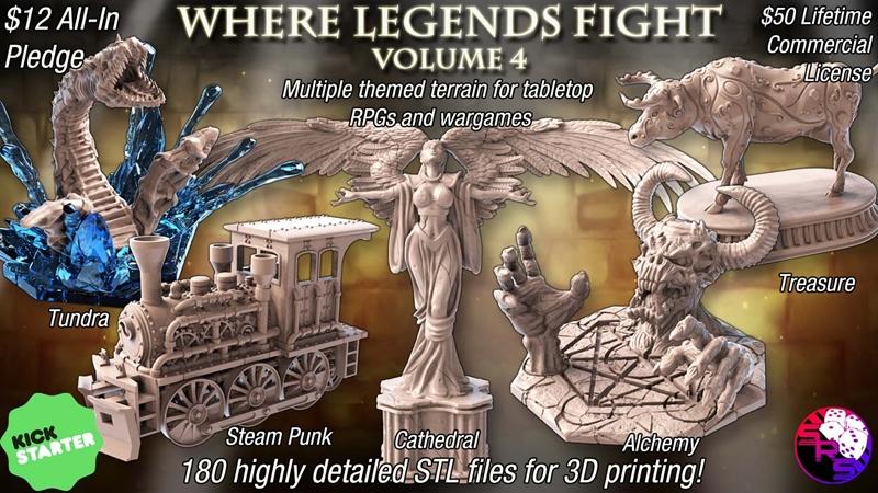Collection of 3D printable models for tabletop games: a dragon-like creature in ice, a steam-powered train, an angeli...