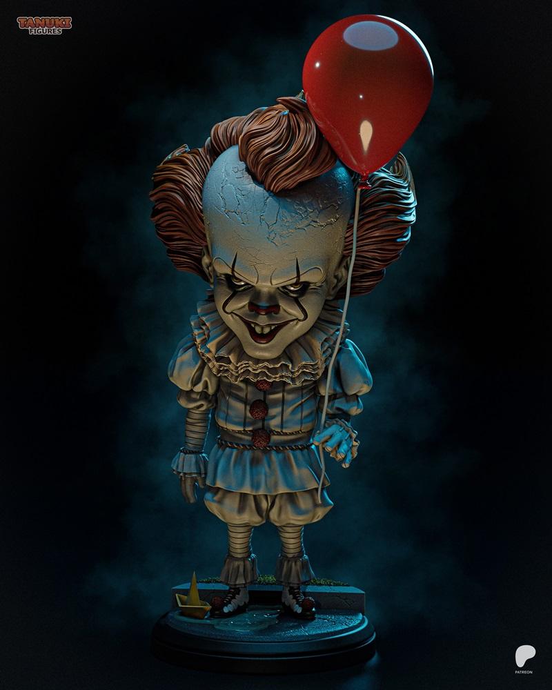 Chibi Pennywise figure from "It" by Tanuki Figures, holding a red balloon, wearing a clown costume with a r...