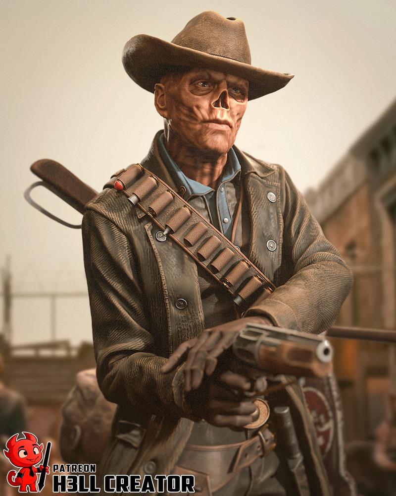 Weathered Ghoul character in cowboy hat and duster coat, holding a revolver and wearing an ammo bandolier. Detailed 3...