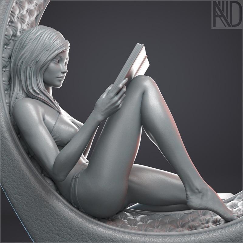 3D model of a woman sitting in a tufted chair, reading a book. Her body is angled, and she holds the book with both h...