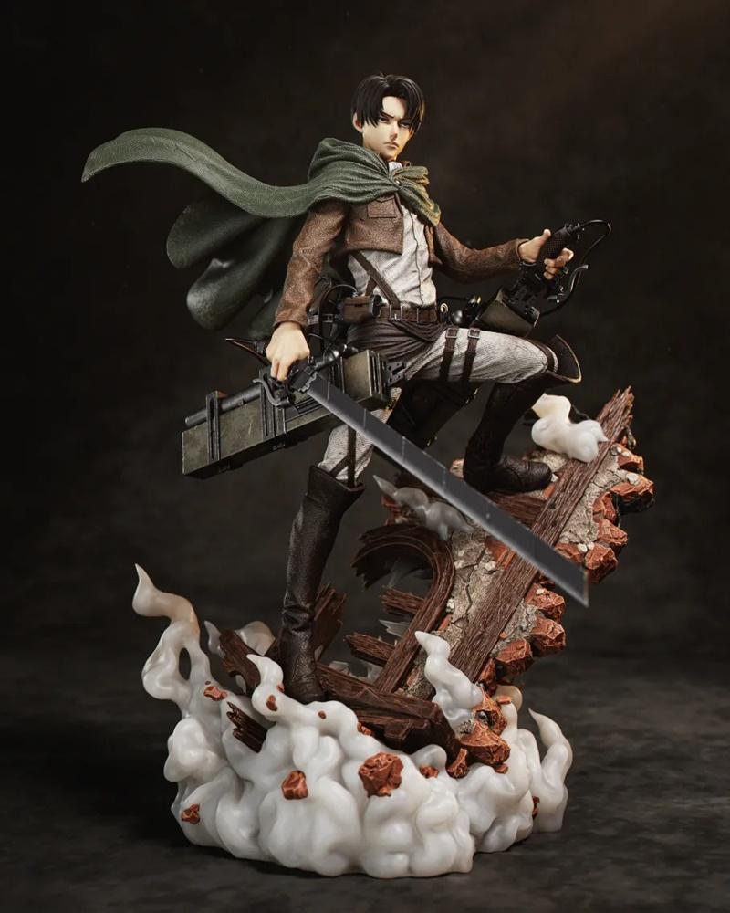 3D model figure of Levi from Attack on Titan in an action pose, wearing his Survey Corps uniform and green cape, hold...