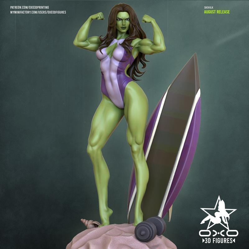 Muscular She-Hulk figure in a purple and white swimsuit, flexing biceps, with a surfboard and dumbbells on a beach-th...