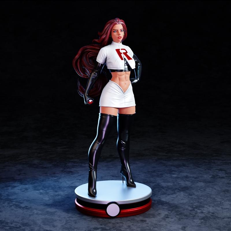 Jessie from Pokemon in Team Rocket uniform, white crop top, short skirt, thigh-high boots, holding a pokeball, standi...