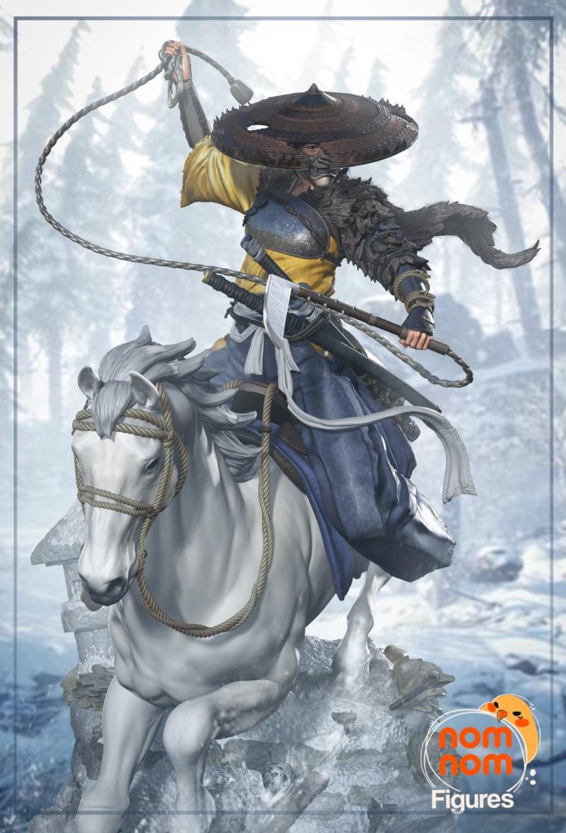 Samurai warrior Atsu on horseback, wielding a whip, wearing traditional armor and a conical hat. Nomnom Figures 3D mo...