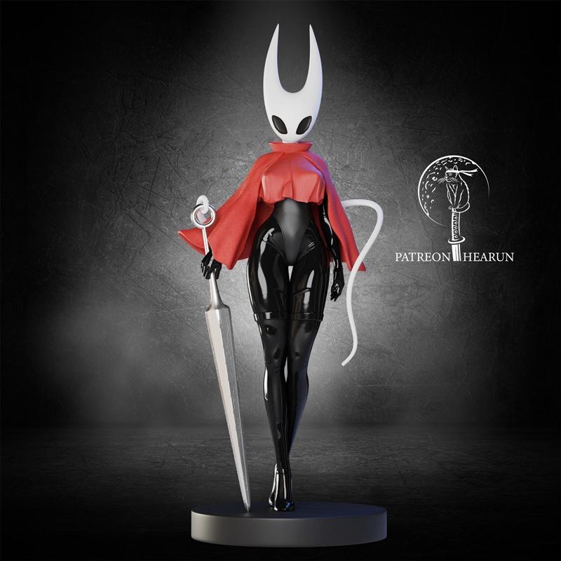 Stylized 3D model of Hornet from Hollow Knight, holding a large sword and wearing a red cape over black, shiny attire...