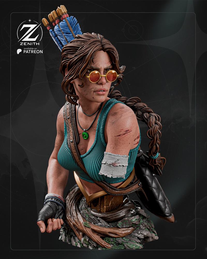 Lara Croft bust with braided hair, round sunglasses, teal tank top, and battle scars. Arrows are visible in the backg...
