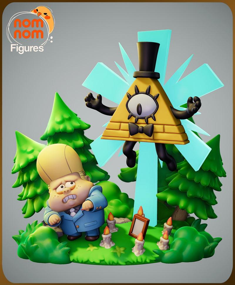 Chibi Bill Cipher, a yellow triangle with a top hat and eye, hovers over a scared man in a blue suit, surrounded by t...