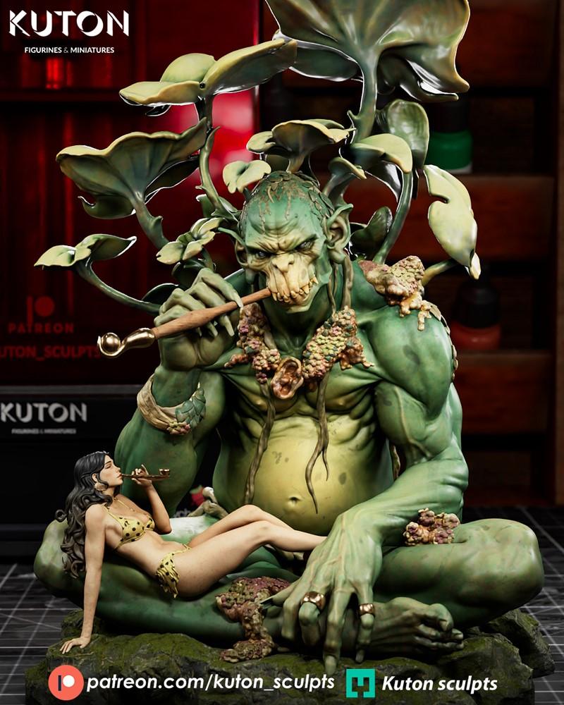 Large green plant monster smoking a pipe, seated next to a reclining woman in a bikini. Intricate foliage and moss de...