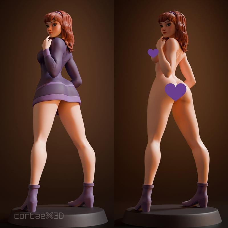 Daphne Blake cosplay 3D model, shown in two poses: one wearing a short purple dress, the other nude with purple heart...
