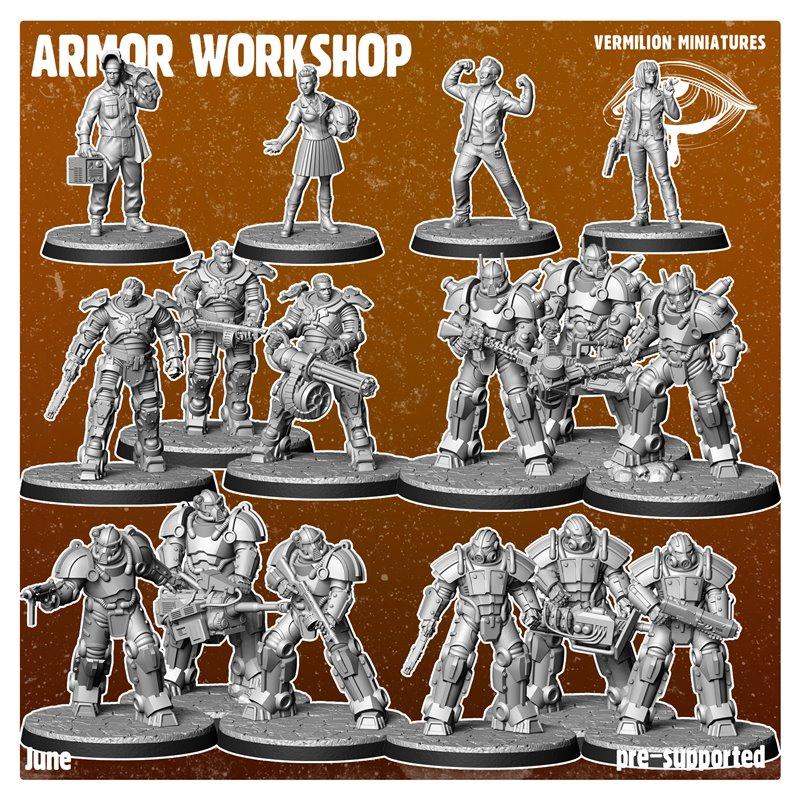 Collection of 3D printable miniatures from Vermilion Miniatures, featuring figures in sci-fi power armor with heavy w...