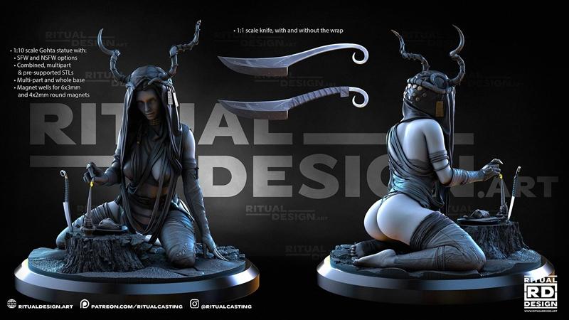 1:10 scale Gohta figure from Ritual Design, kneeling with horns and a hood, holding a knife. SFW and NSFW options ava...