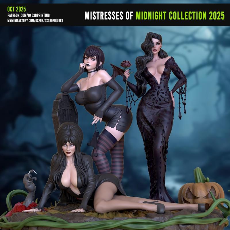 Three gothic female figures in revealing outfits, a diorama with a tombstone, pumpkin, and reaching hand, from OXO3D...