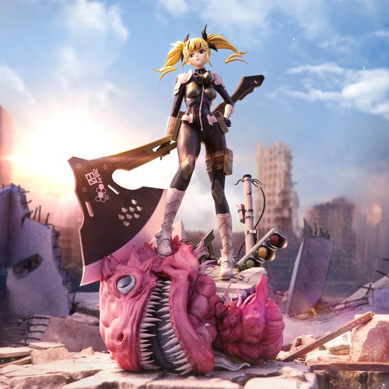 Shinomiya Kikoru from Kaiju No. 8 stands on a pink monster with sharp teeth, holding a large axe. She wears a dark ta...