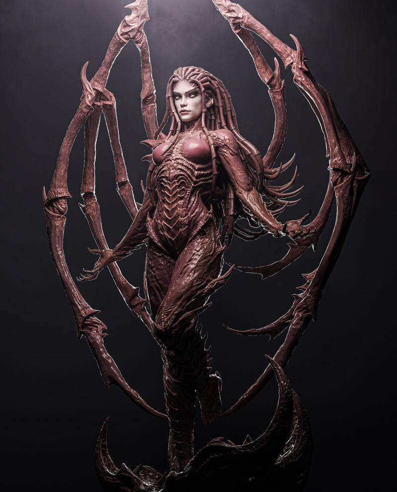 Kerrigan, Queen of Blades, from StarCraft, depicted as a 3D printable figure. She has insectoid armor, large segmente...