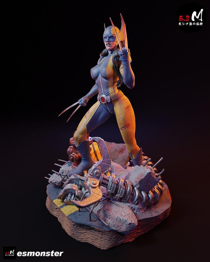 X-23 figure in yellow and blue costume with claws extended, standing on a diorama base with rubble and mechanical deb...