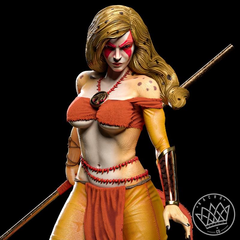 Cheetara from Thundercats statue, a female warrior with blonde hair, orange and yellow tribal outfit, and feline spot...