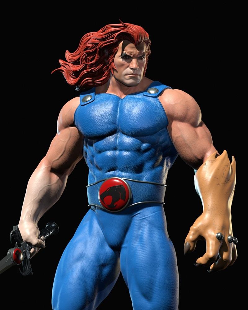 Lion-O from Thundercats, a muscular male figure in a blue bodysuit and red hair, holding the Sword of Omens, with the...